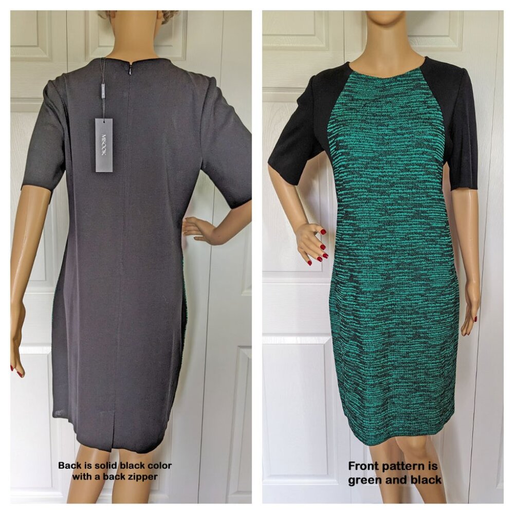 NWT Misook black & green knit dress, Sheath shape, Scoop neck, Sz MED, 38" bust